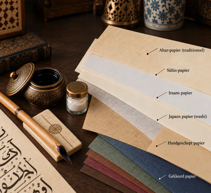 Waaier van papiersoorten met labels — ahar-papier, sülüs-papier, Iraans papier, Japans papier, handgeschept en gekleurd papier — naast een inktpot en rietpen